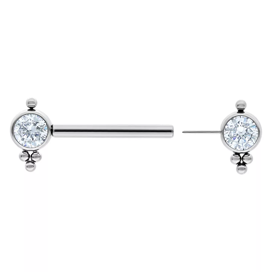 Barbell in titanio argento con cristalli Barbell in titanio argento con due cristalli chiari su sfondo bianco.
