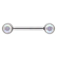 Barbell in argento con cristalli Aurora Boreale Barbell in argento con due cristalli rotondi Aurora Boreale, su sfondo bianco