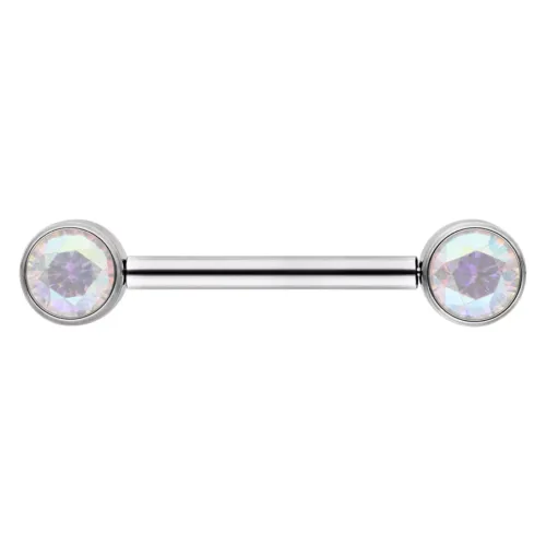 Barbell in argento con due cristalli rotondi Aurora Boreale, su sfondo bianco
