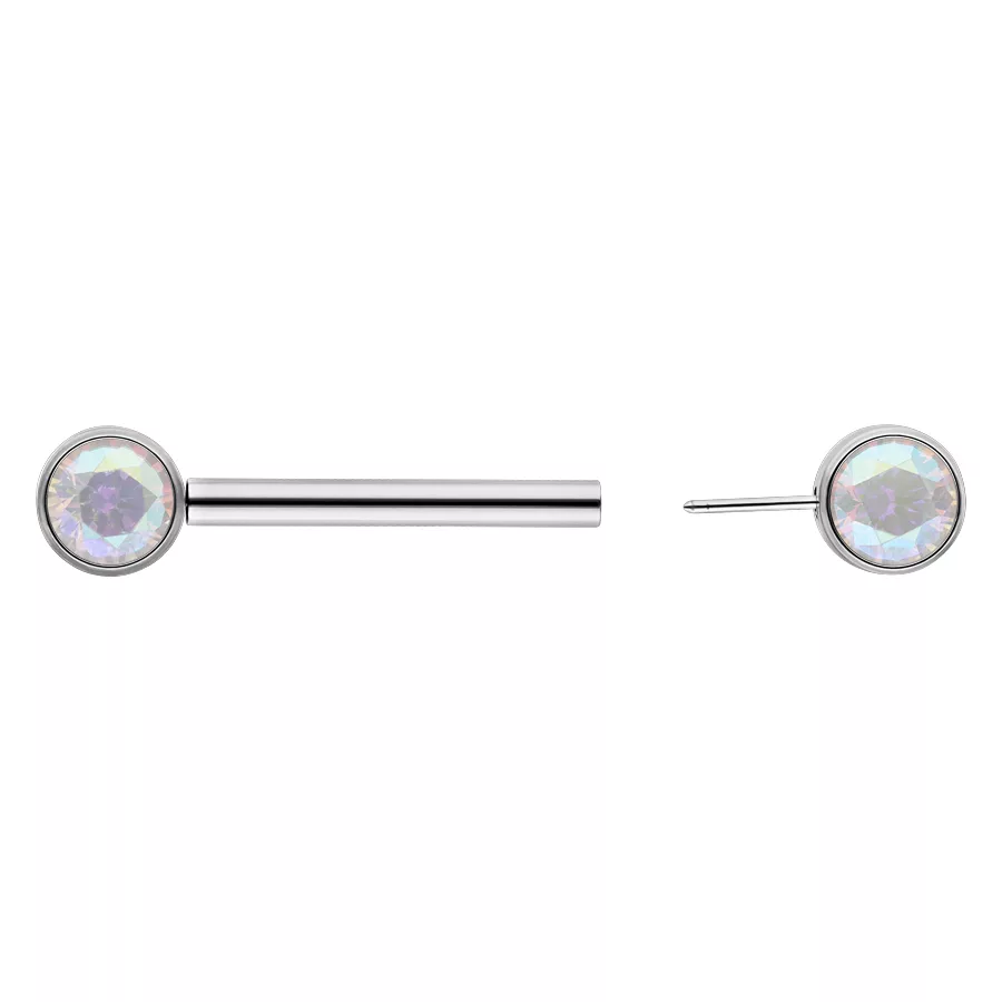 Barbell in argento con cristallo Aurora Boreale Barbell in argento con cristallo rotondo Aurora Boreale, vista frontale