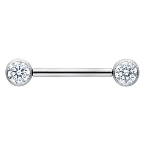 Barbell in argento con due cristalli rotondi chiari su sfondo bianco