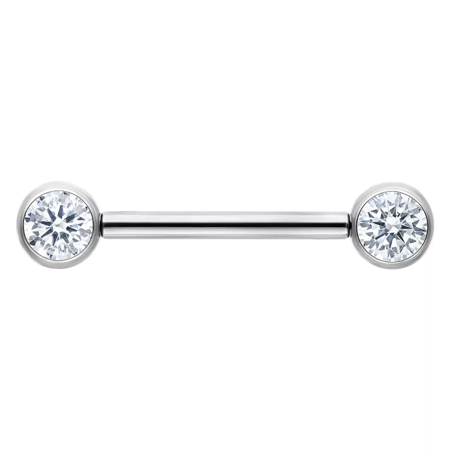 Barbell in argento con cristalli Barbell in argento con due cristalli rotondi chiari su sfondo bianco