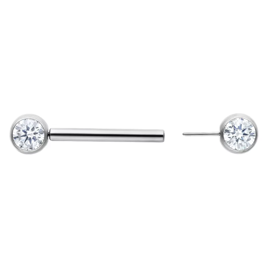 Barbell in argento con cristallo chiaro 14 mm Barbell in argento con cristallo chiaro, due viste su sfondo bianco