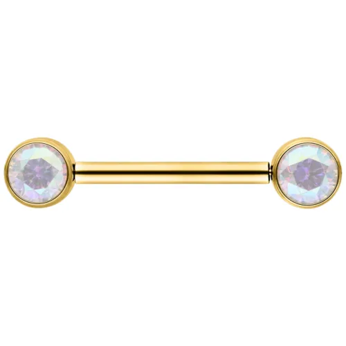 Barbell dorato con due cristalli rotondi Aurora Boreale su sfondo bianco