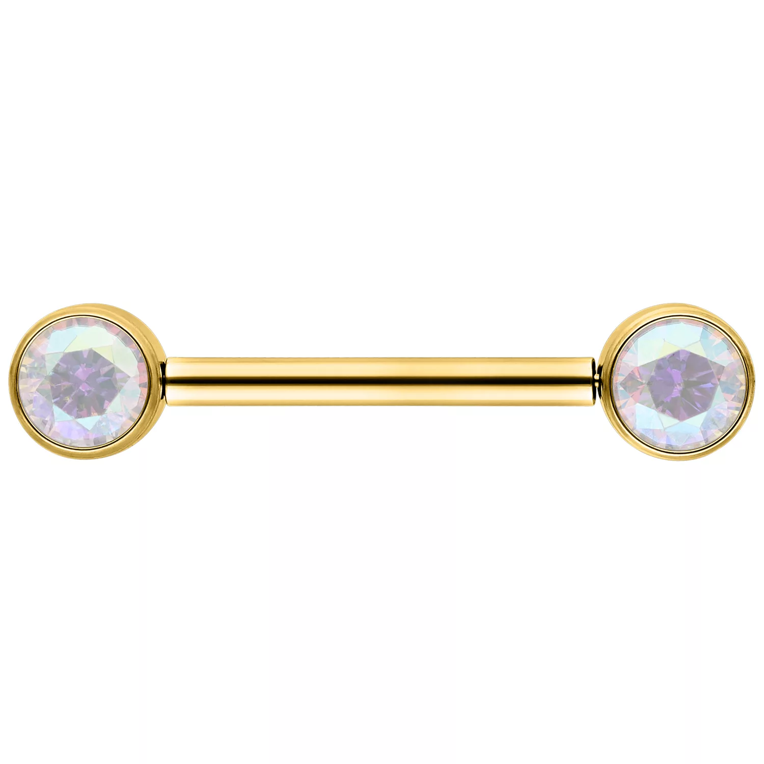 Barbell dorato 12 mm con cristalli Aurora Boreale Barbell dorato con due cristalli rotondi Aurora Boreale su sfondo bianco
