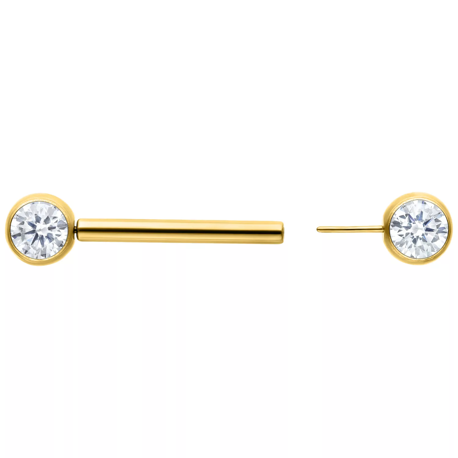 Barbell dorato con cristallo chiaro, 12 mm Barbell dorato con cristallo chiaro, uno con asta e uno senza, su sfondo bianco