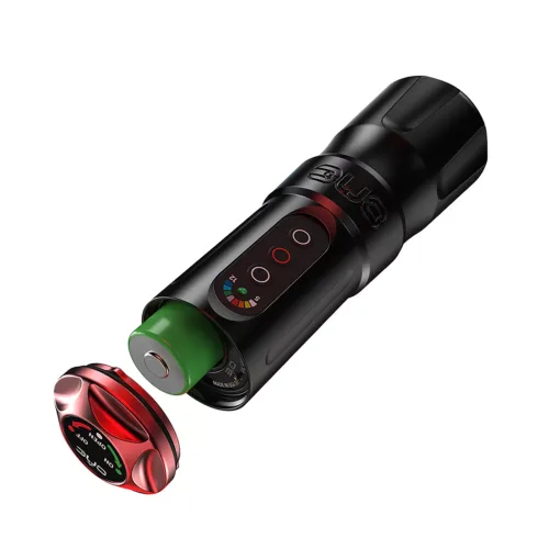 Macchina per tatuaggi FK Irons ONE nera con batteria rimovibile su sfondo bianco