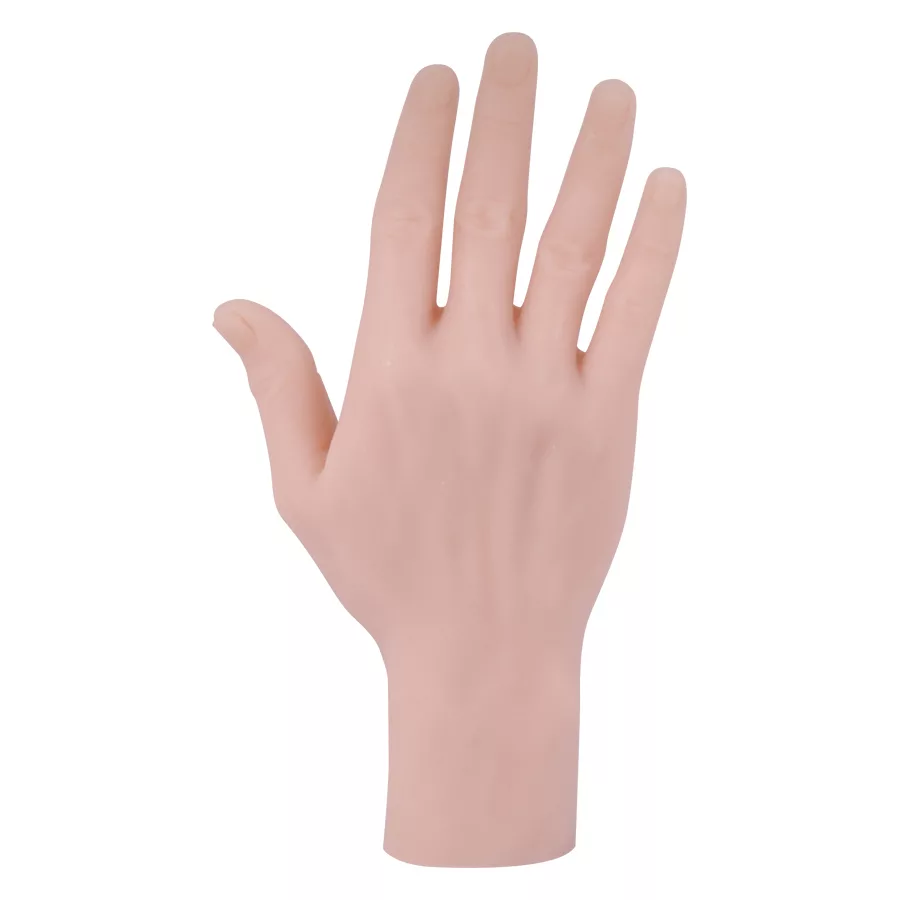Tattoo Übungshand aus Silikon in Beige Beige Silikonhand für Tattoo-Übungen auf weißem Hintergrund