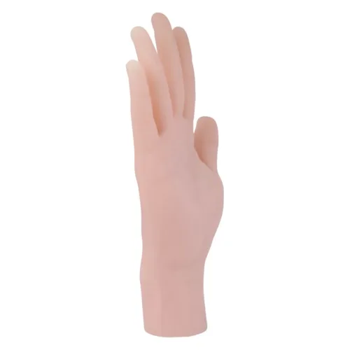 Beige Silikonhand stehend aufrechter Position vor weißem Hintergrund