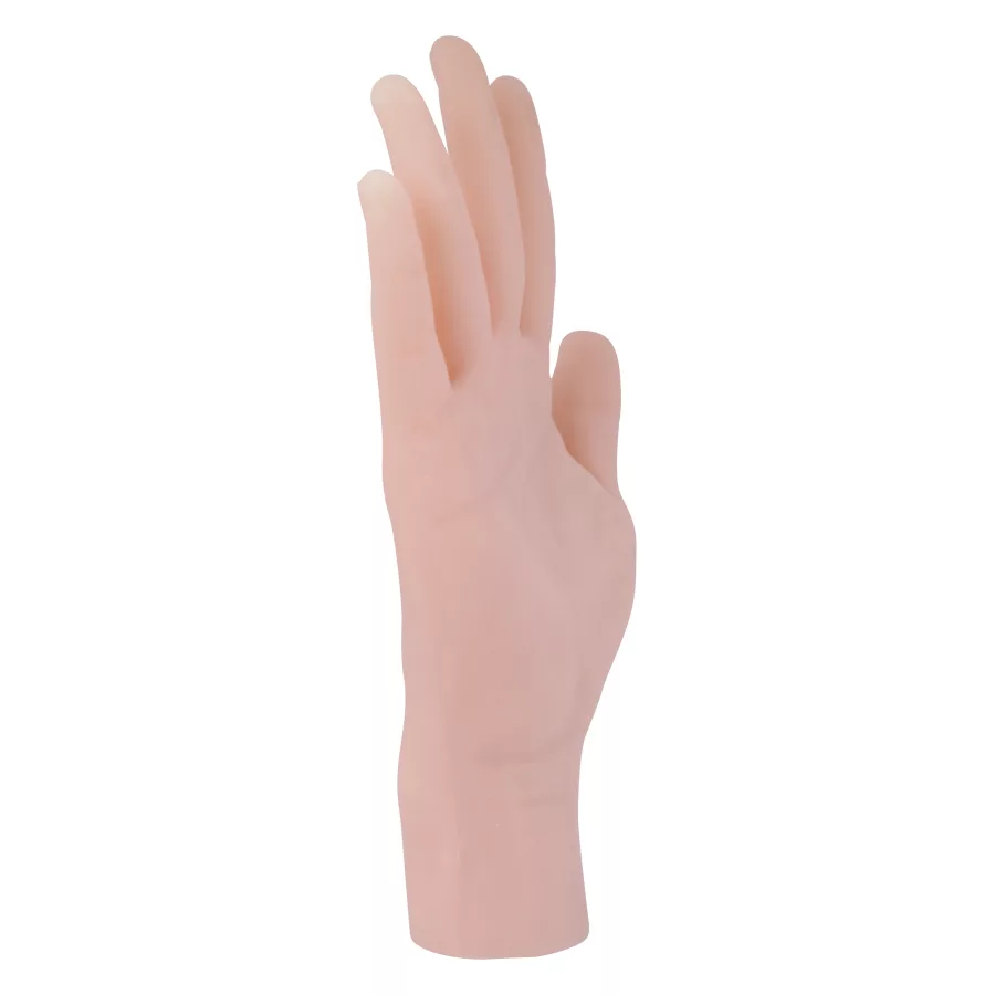 Tattoo Übungshand aus Silikon, Beige Beige Silikonhand stehend aufrechter Position vor weißem Hintergrund