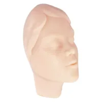 Modello in silicone beige di un volto femminile per esercitazioni di tatuaggio, in posizione laterale
