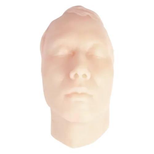 Modello in silicone beige di un volto maschile su sfondo bianco