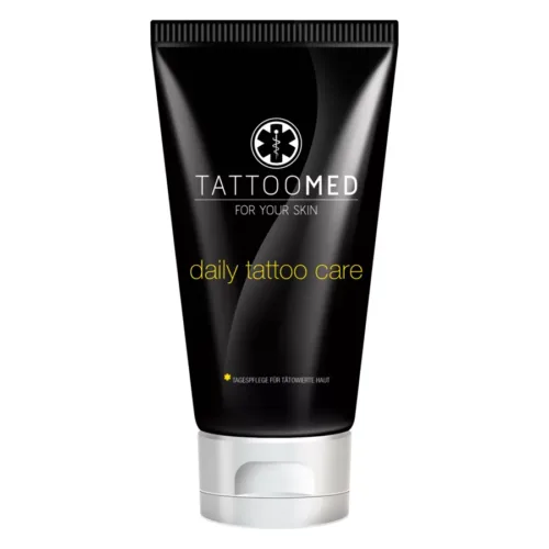 TattooMed® Crema Cura in tubo nero da 100ml su sfondo bianco