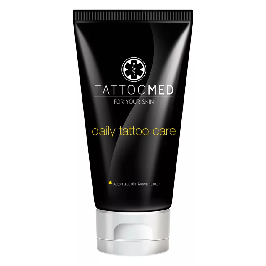 TattooMed® Crema Cura in tubo nero da 100ml su sfondo bianco