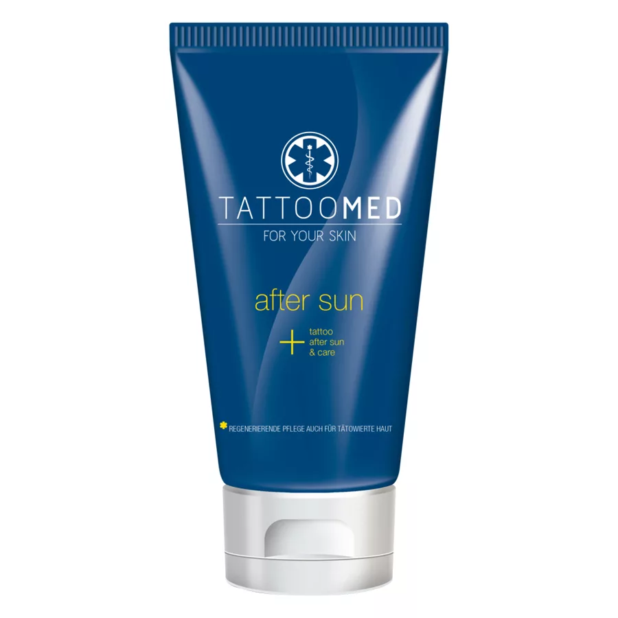 TattooMed® After Sun Lotion in tubo blu su sfondo bianco