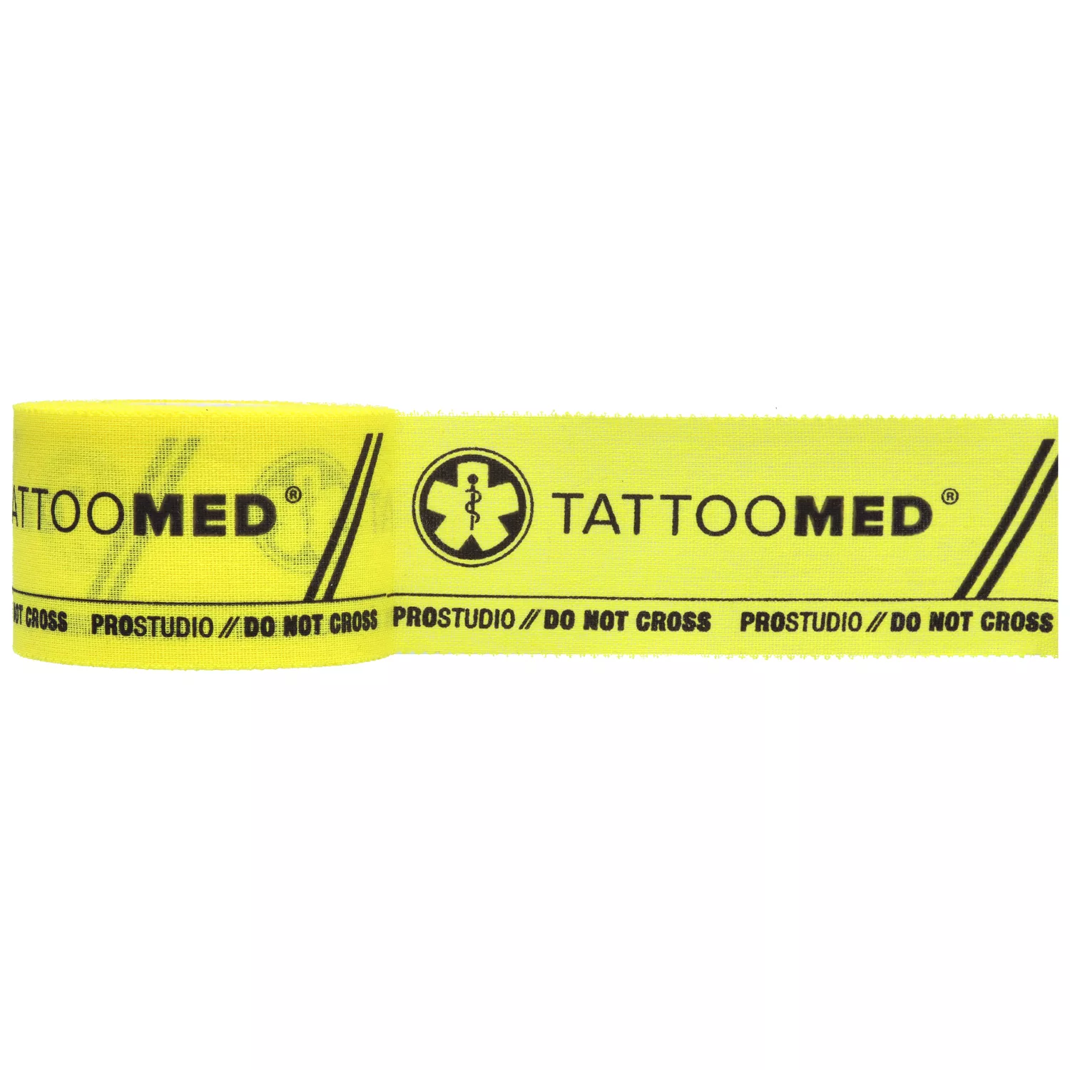 Nastro Tattoomed Studio Pro giallo con stampa nera su sfondo bianco