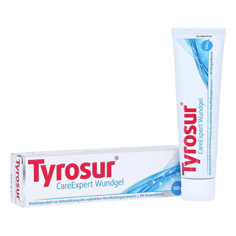 Tubo di Tyrosur CareExpert Gel per Ferite accanto alla confezione su sfondo bianco