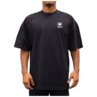T-shirt unisex nera oversize con collo alto, cotone, persona indossa taglia L