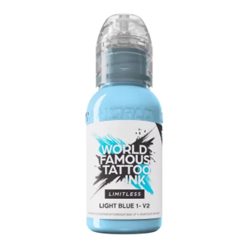 Bottiglia di World Famous Ink Limitless Light Blue su sfondo bianco