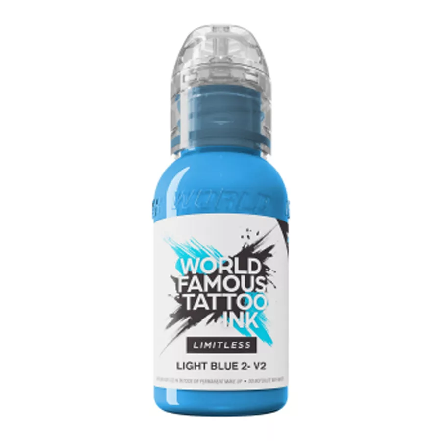 World Famous Ink Limitless Light Blue 30 ml Bottiglia di inchiostro blu per tatuaggi, 30 ml, su sfondo bianco