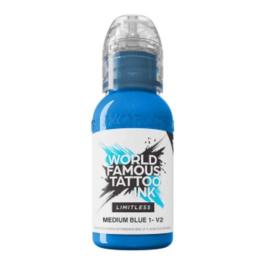 Tattoo Inchiostro Limitless Medium Blu 30ml Bottiglia di inchiostro blu per tatuaggi, marca World Famous Ink, su sfondo bianco
