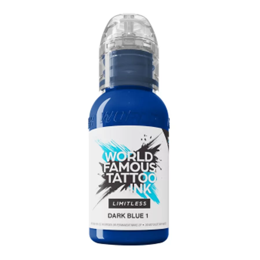 World Famous Ink Limitless Dark Blue 1 V2, 30ml Inchiostro per tatuaggi blu scuro, flacone da 30ml su sfondo bianco