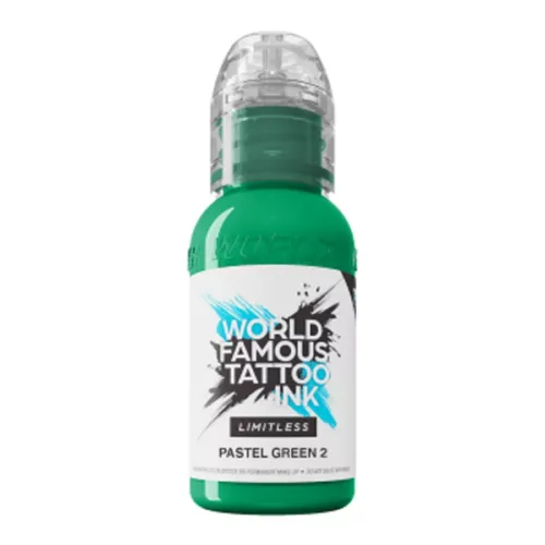 Bottiglia di World Famous Ink Limitless Pastel Green 2 Tattoo Tinta, 30 ml, su sfondo bianco