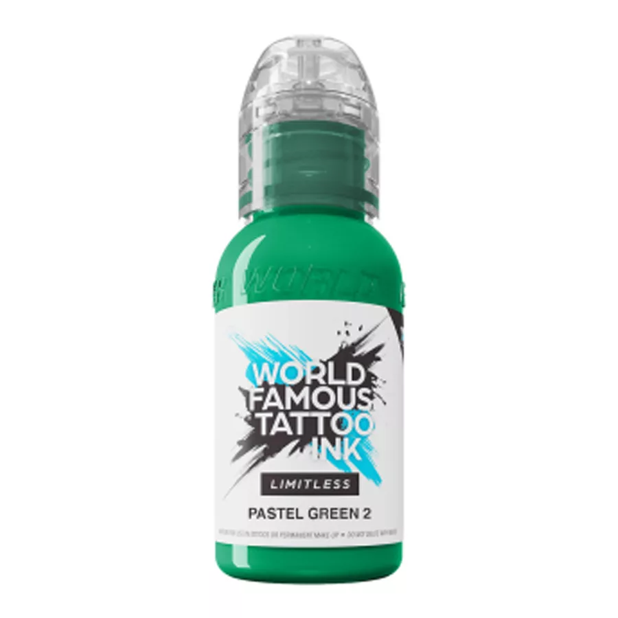 World Famous Ink Pastel Verde Tattoo Tinta 30ml Bottiglia di World Famous Ink Limitless Pastel Green 2 Tattoo Tinta, 30 ml, su sfondo bianco