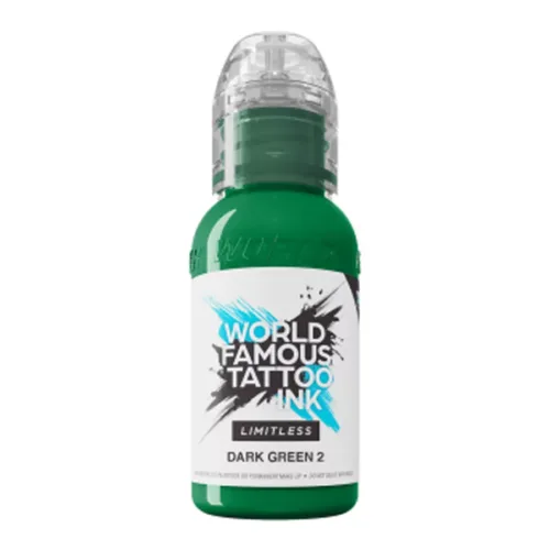 Inchiostro per tatuaggi verde in bottiglia, World Famous Ink Limitless Dark Green 2 su sfondo bianco