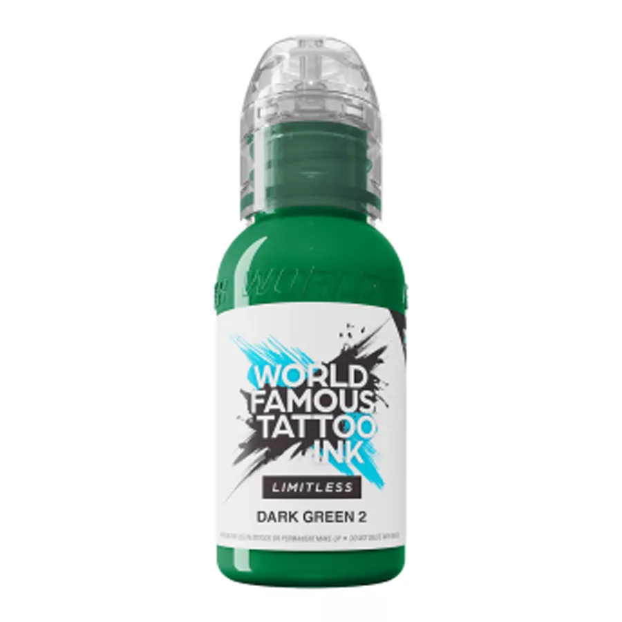 Inchiostro per tatuaggi verde in bottiglia, World Famous Ink Limitless Dark Green 2 su sfondo bianco