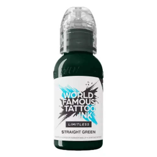 Inchiostro verde per tatuaggi World Famous Ink Limitless, flacone da 30 ml, su sfondo bianco