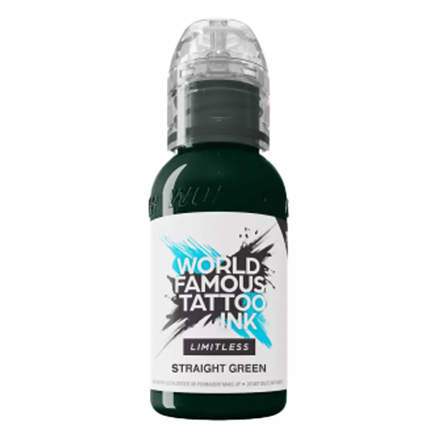 Tattoo Inchiostro Limitless Straight Green 30ml Inchiostro verde per tatuaggi World Famous Ink Limitless, flacone da 30 ml, su sfondo bianco