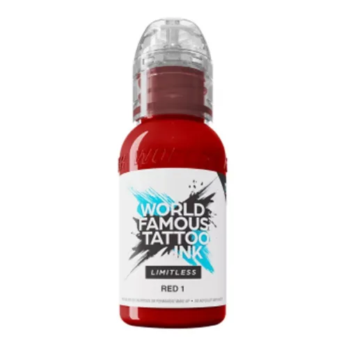Bottiglia di inchiostro rosso per tatuaggi, World Famous Ink, 30 ml, su sfondo bianco