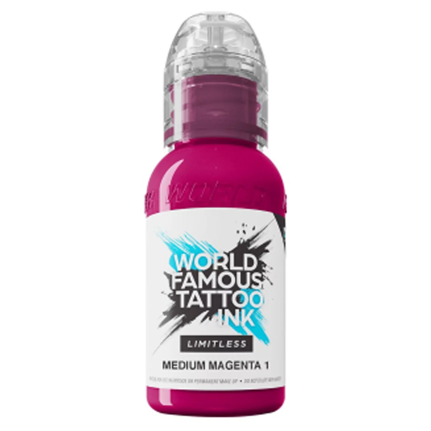 Wildcat Tattoofarbe Limitless Medium Magenta Bottiglia di inchiostro per tatuaggi rosa, World Famous Ink, su sfondo bianco