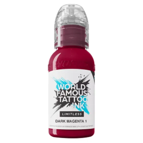 Bottiglia di World Famous Tattoo Ink Limitless Dark Magenta su sfondo bianco