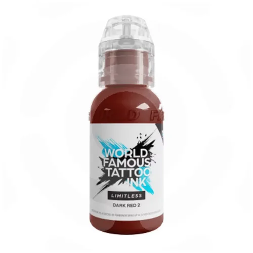 Bottiglia di World Famous Ink Limitless Dark Red 2, 30ml, su sfondo bianco