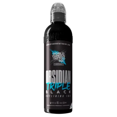 Bottiglia nera World Famous Ink Obsidian Triple Black su sfondo bianco
