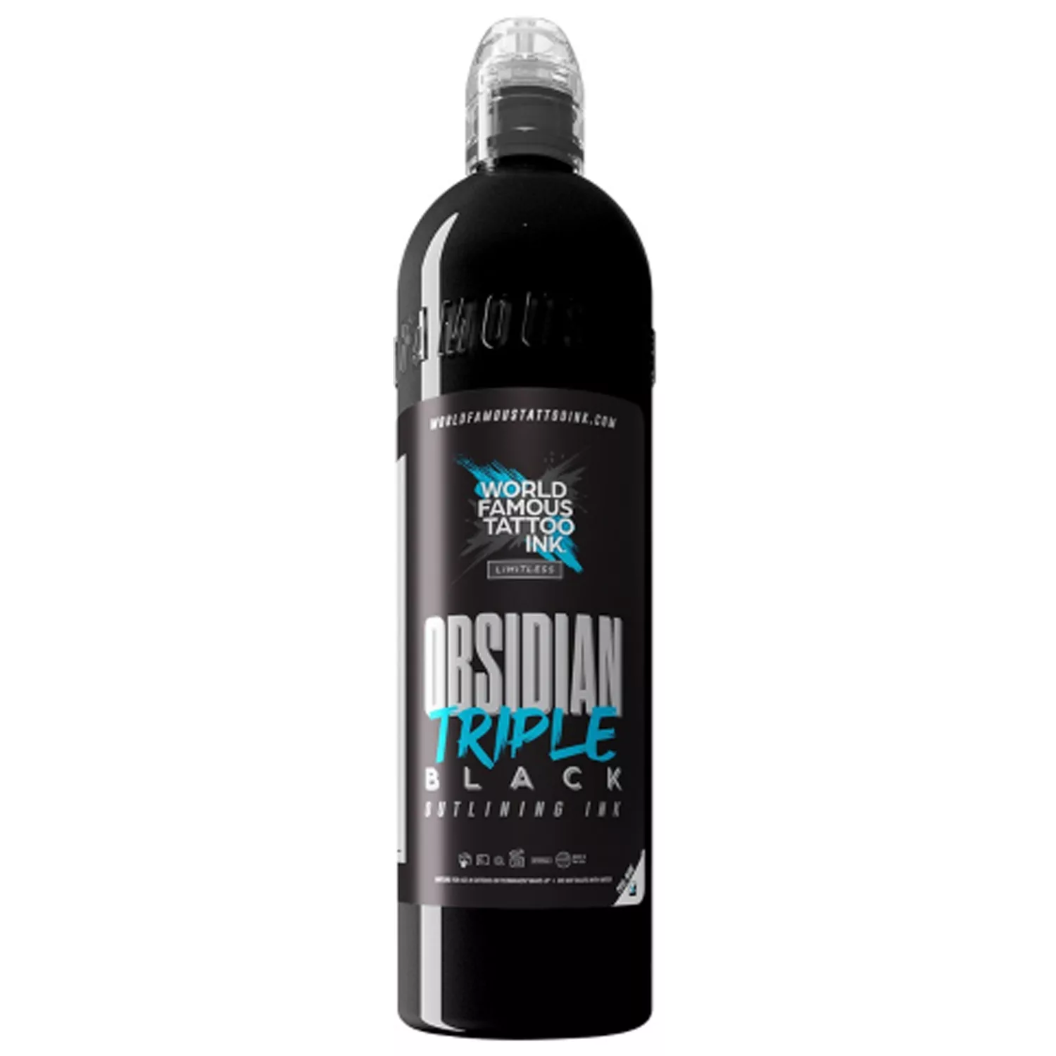 World Famous Ink Limitless Obsidian Nero 240 ml Bottiglia nera World Famous Ink Limitless Obsidian su sfondo bianco