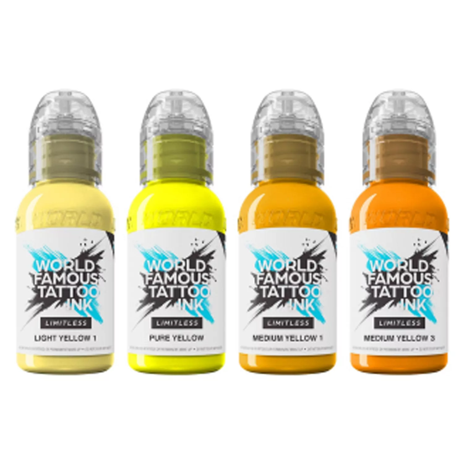World Famous Ink - Set Giallo, 4 Colori Quattro bottiglie di inchiostro per tatuaggi in diverse tonalità di giallo su sfondo bianco