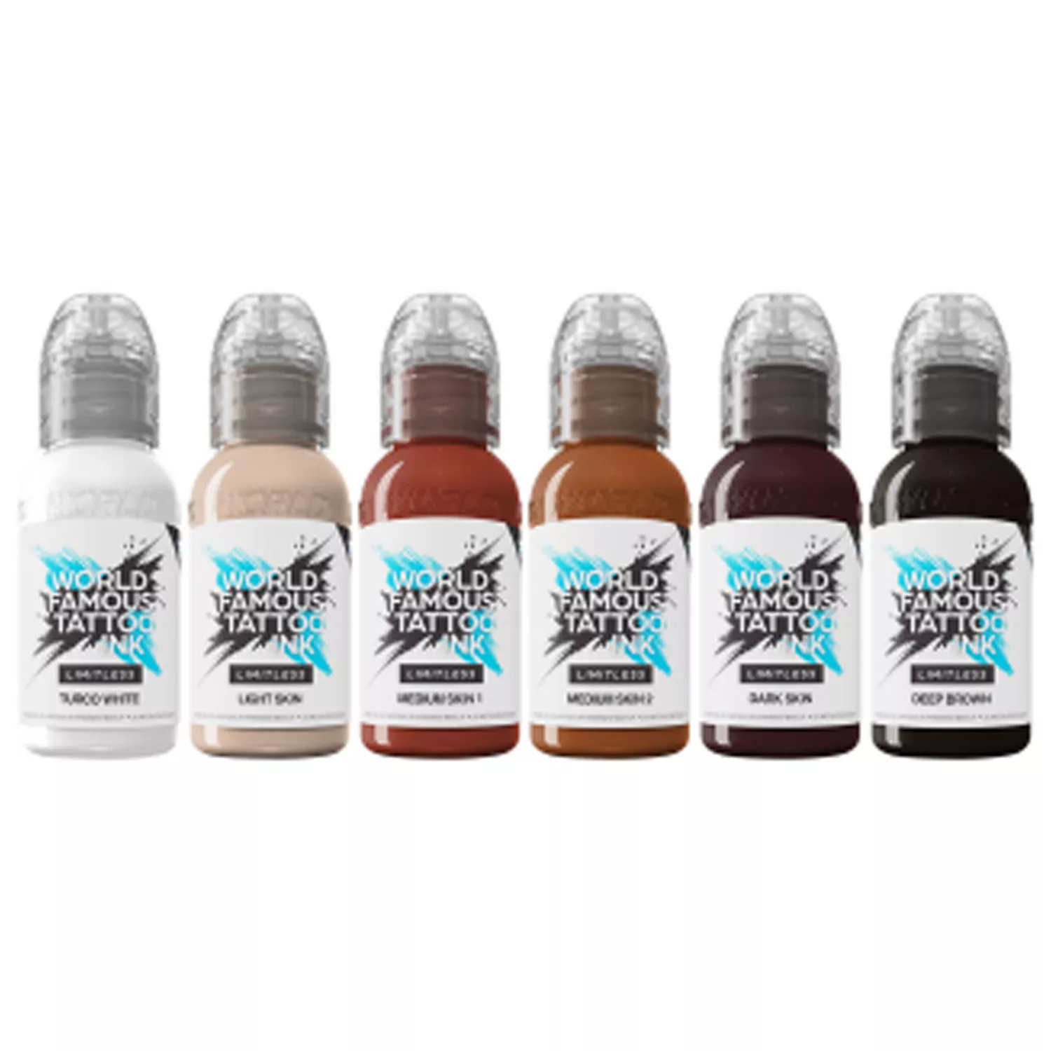 World Famous Ink - Michele Turco Portrait Set, 6 colori Sei bottiglie di inchiostro per tatuaggi in nero, bianco, marrone e beige su sfondo bianco