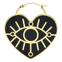 Orecchini dorati a forma di cuore con design di occhio nero su sfondo bianco