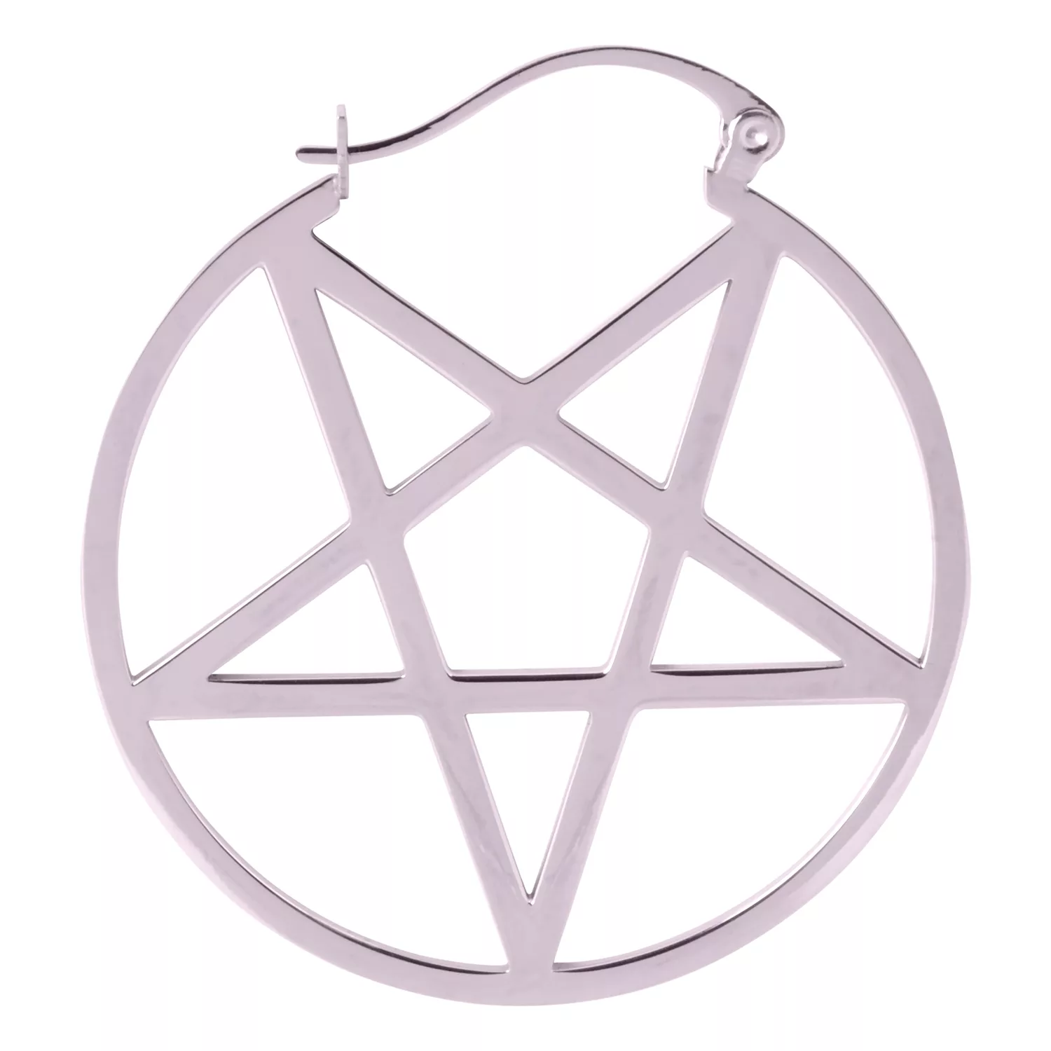 Orecchino a cerchio nero con design a pentagramma su sfondo bianco