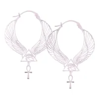 Orecchini circolari con ali e simbolo Ankh in argento su sfondo bianco