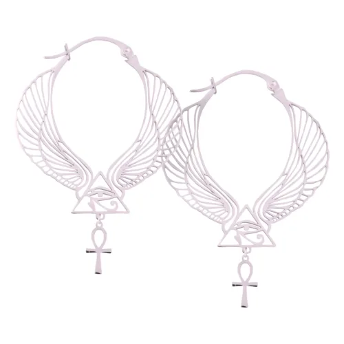 Orecchini circolari con ali e simbolo Ankh in argento su sfondo bianco
