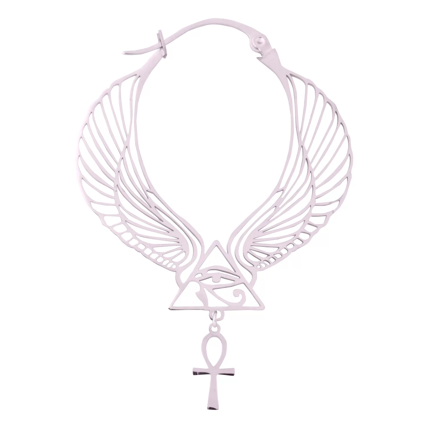 Hoops Cleopatra in oro rosa con design a ali e ciondolo Ankh su sfondo bianco