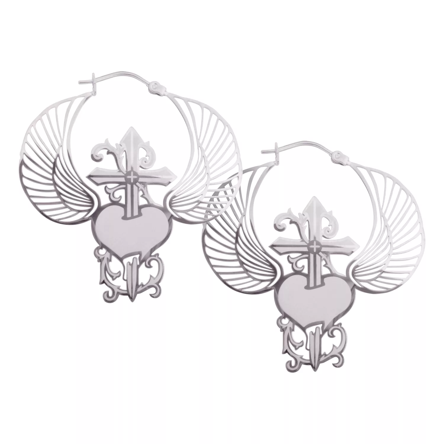 Orecchini neri con cuore alato e pugnale su sfondo bianco