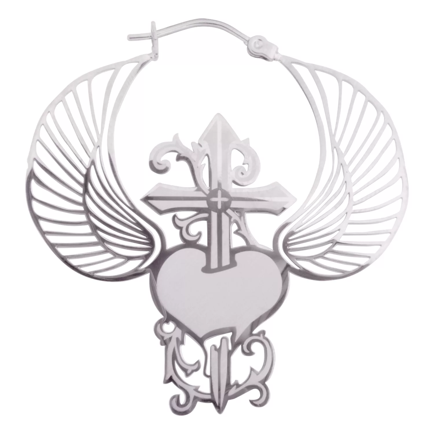 Orecchini argento con cuore e ali su sfondo bianco