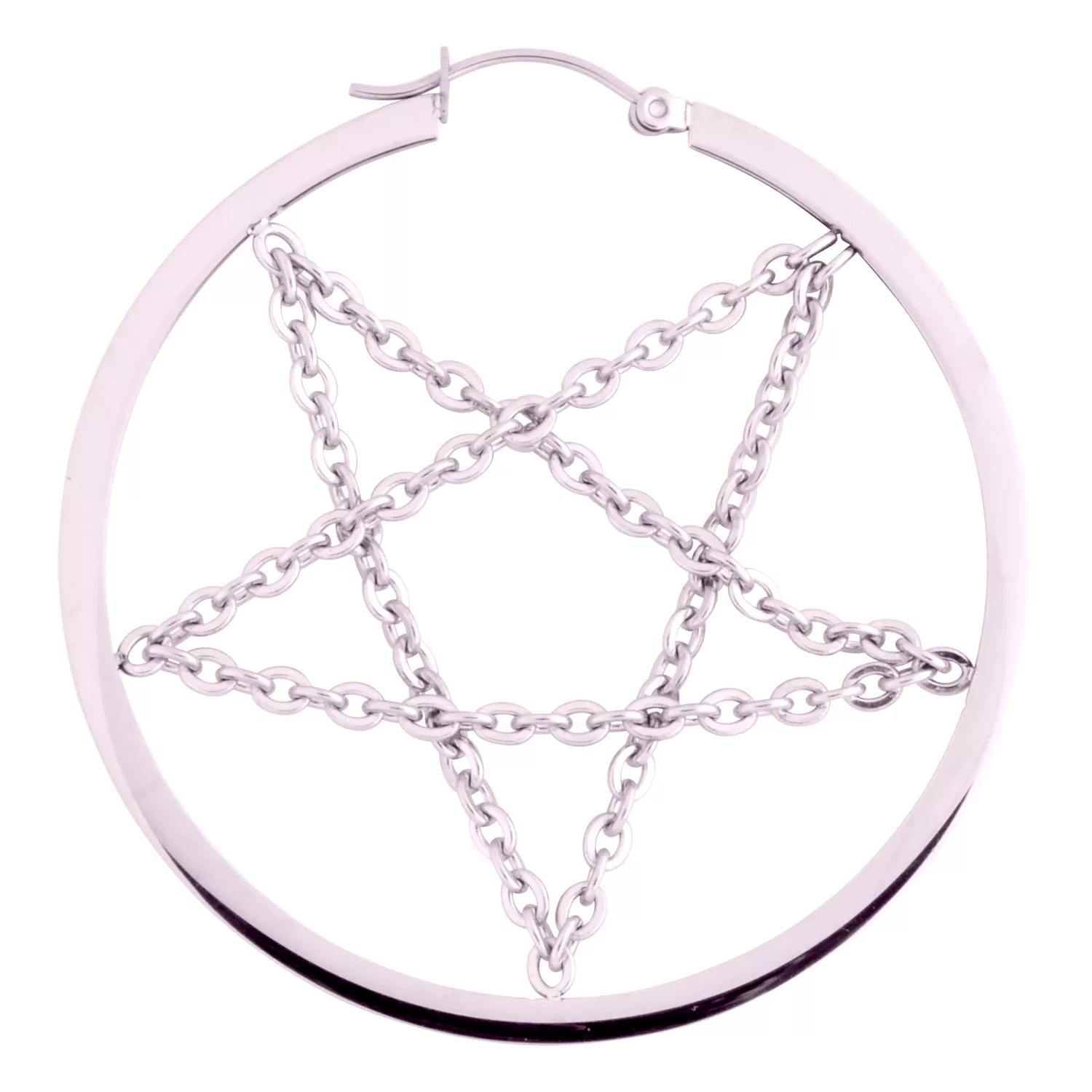 Pentagram Chain Hoops in argento in acciaio chirurgico su sfondo bianco