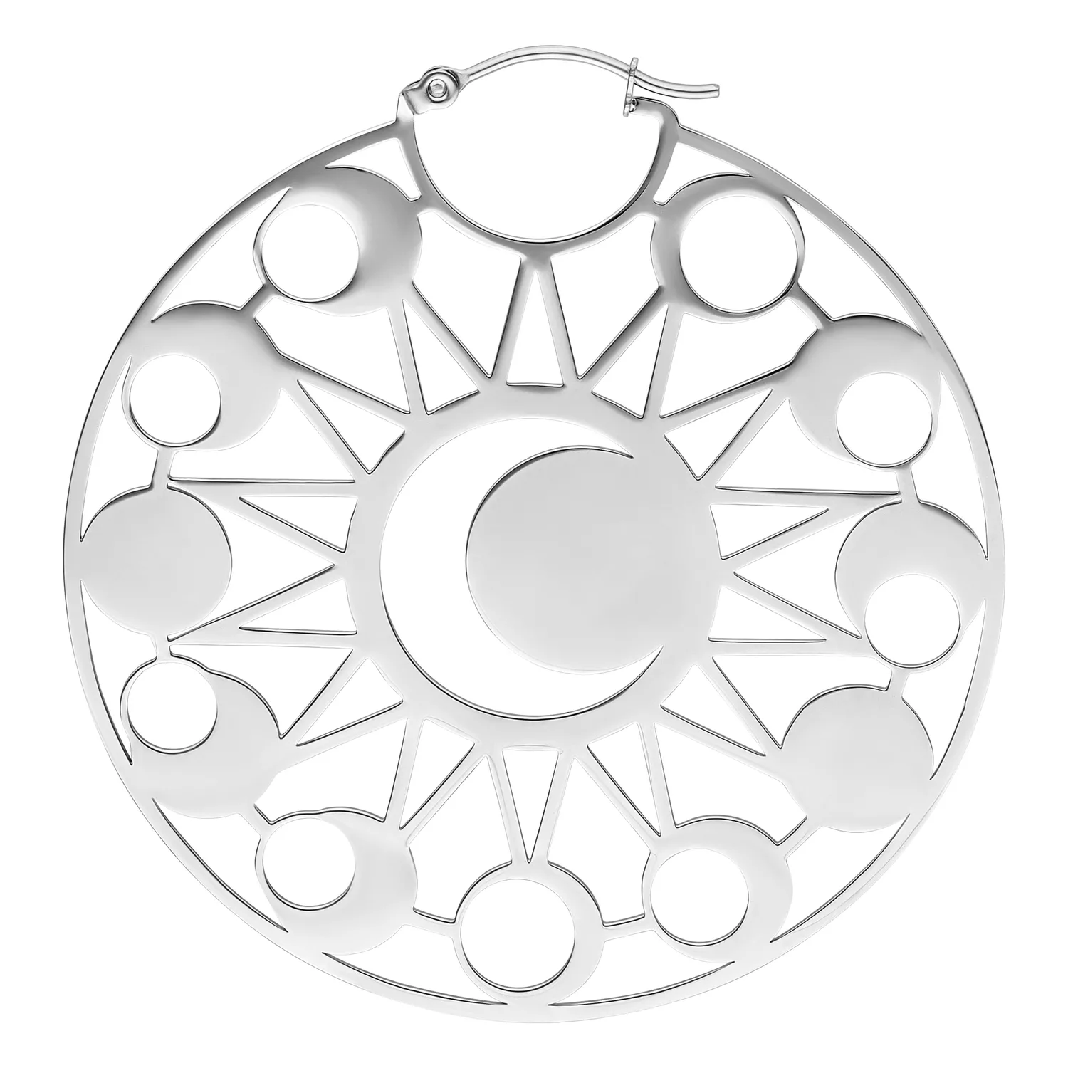 Orecchini Moon Eclipse Hoops in argento, lucidati a specchio, su sfondo bianco