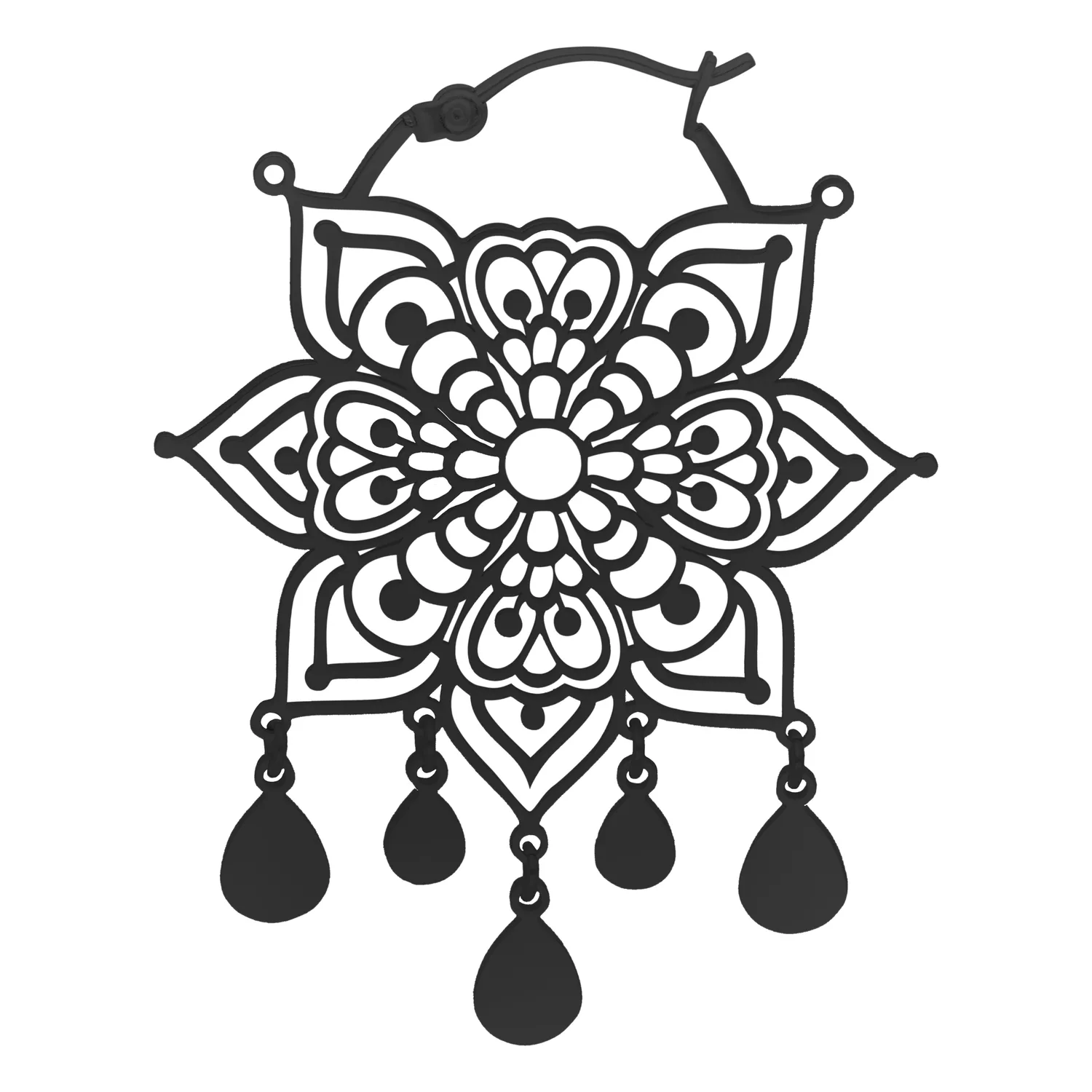 Cerchi Mandala Neri in Acciaio Chirurgico Orecchini Mandala neri con chiusura a scatto su sfondo bianco